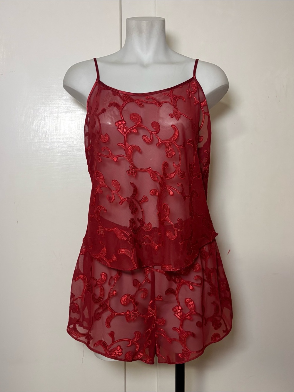 Vintage 90s Gilligan & O’Malley Red Sheer Pajama Lounge Set Tank and Shorts Set